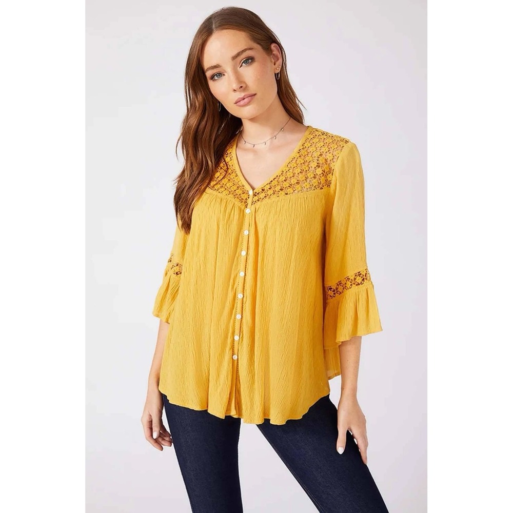 NWT Karen Kane Lace Inset Blouse Mustard Yellow Button Front Boho Top Medium